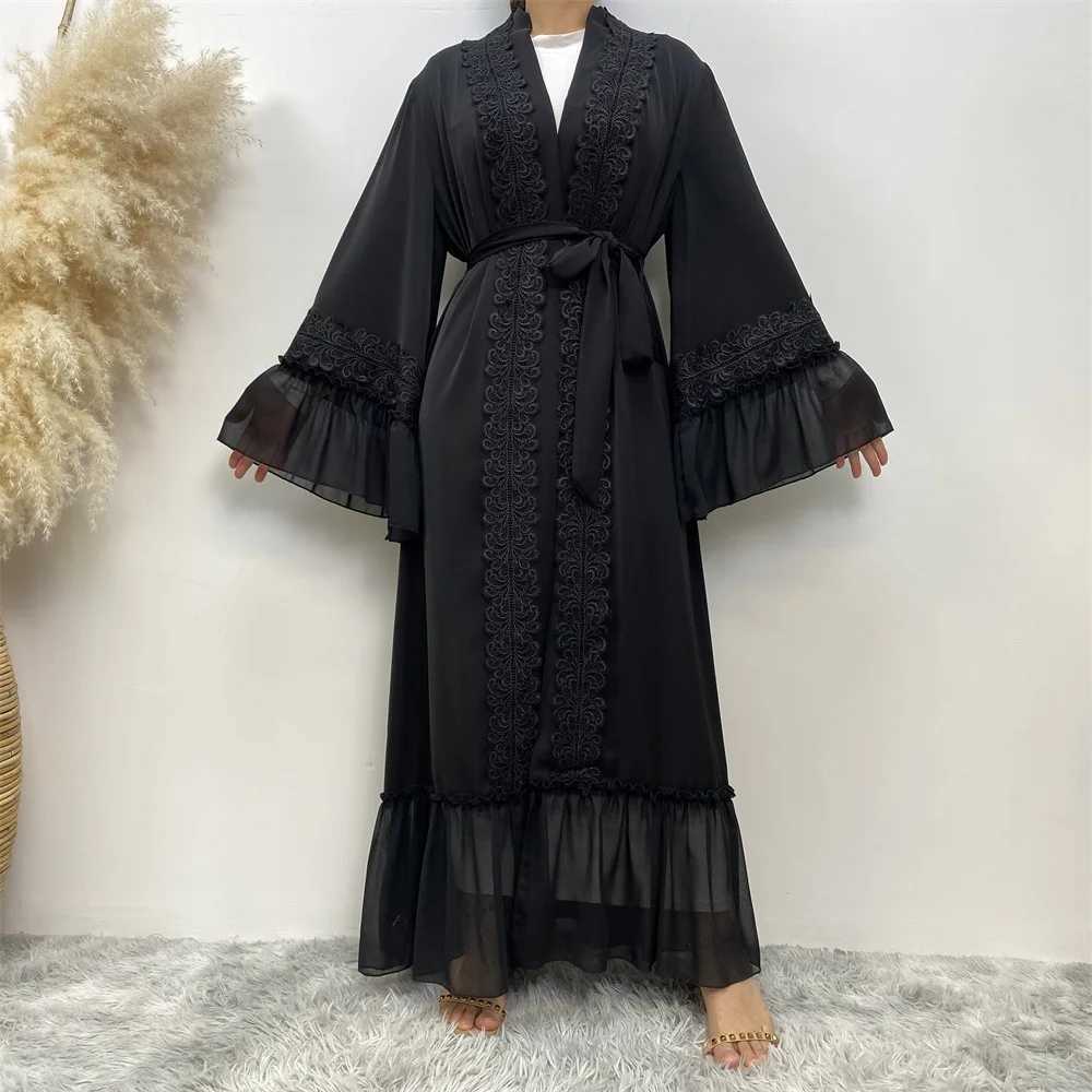 Fashion Lace Stitching Muslim Abaya Dubai Full Length Flare Slve Lace Abaya Dubai Turkey Muslim Islam Robe With Belt WY1391 X250514