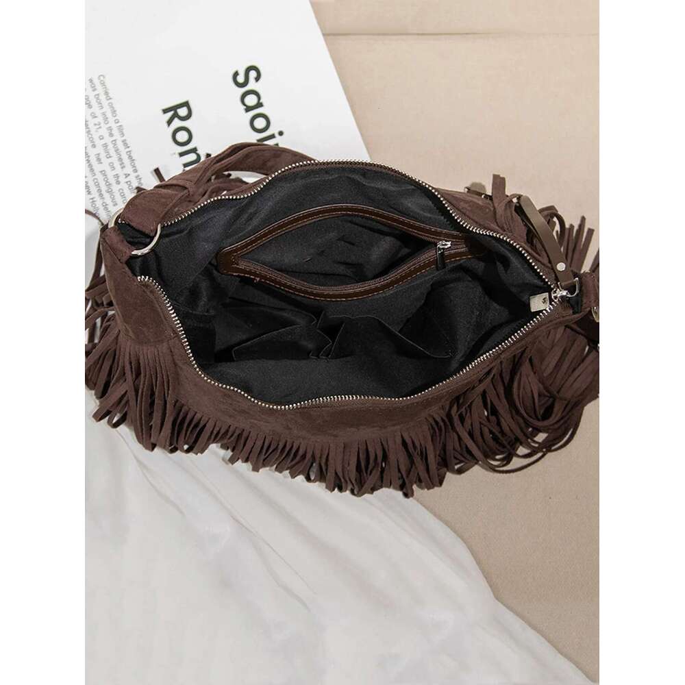 Retro Fashion Women's Tassel Crossbody High Qualitypu Leather Solid Color Large Capacity Handbag Outdoor Travel Shoulder Bag