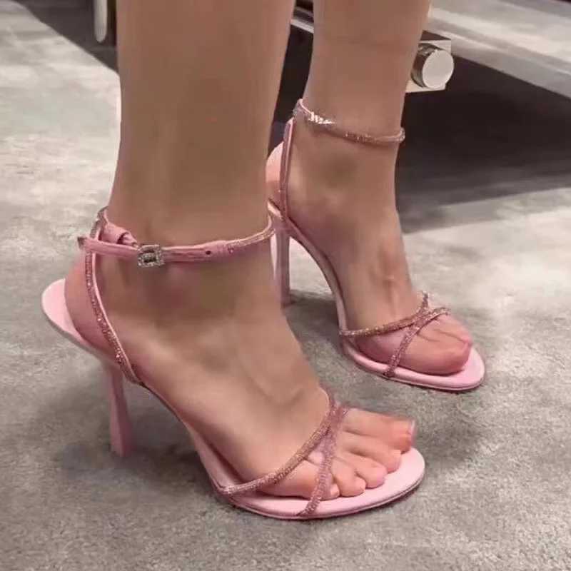 Rhinestone Hollow Sandals Temperament Loop Trip Cross Strap High Heels Open Toe Buckle Stiletto Single Shoes W250514
