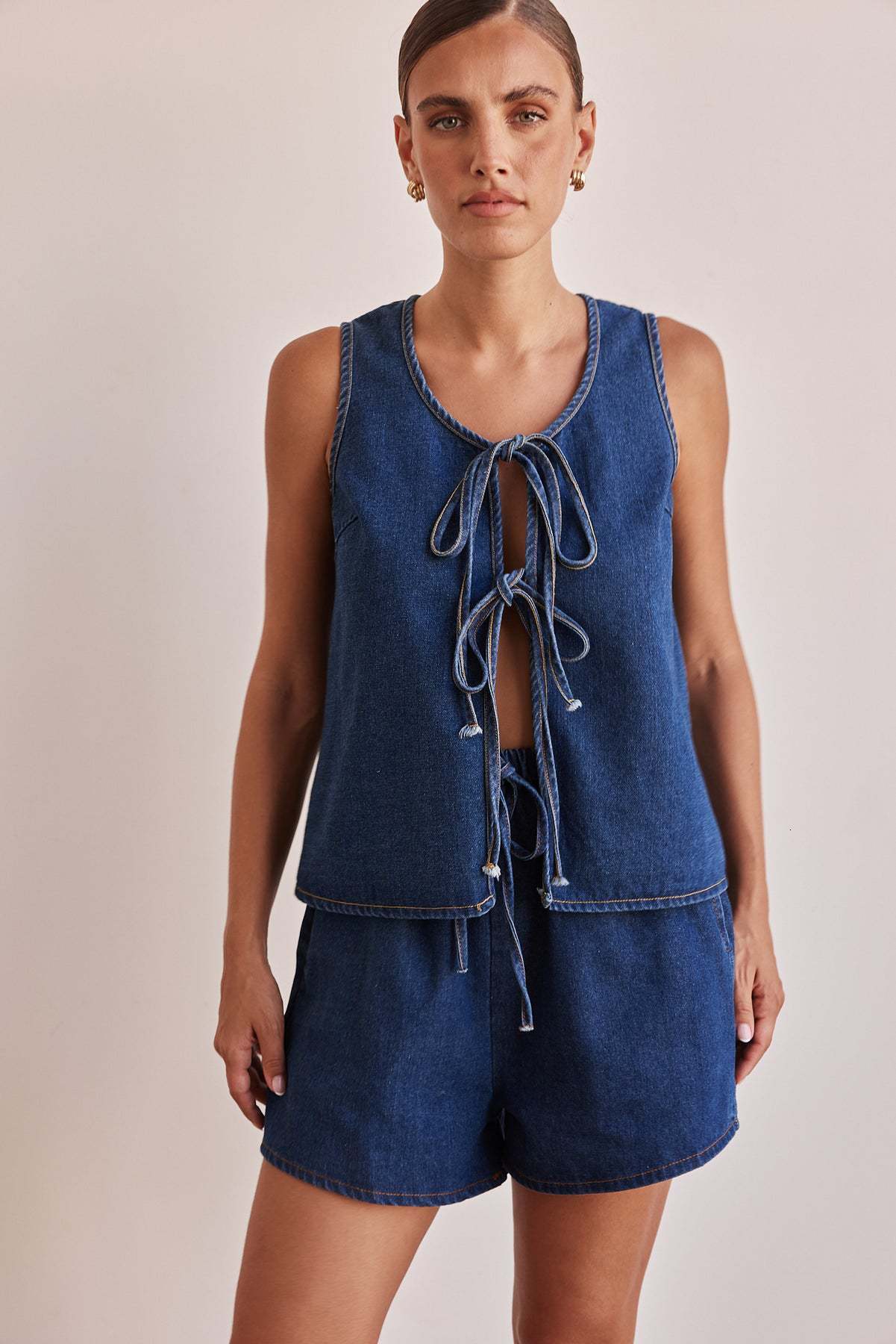 Summer fashion casual sleeveless lace up high waisted womens vest denim suit shorts