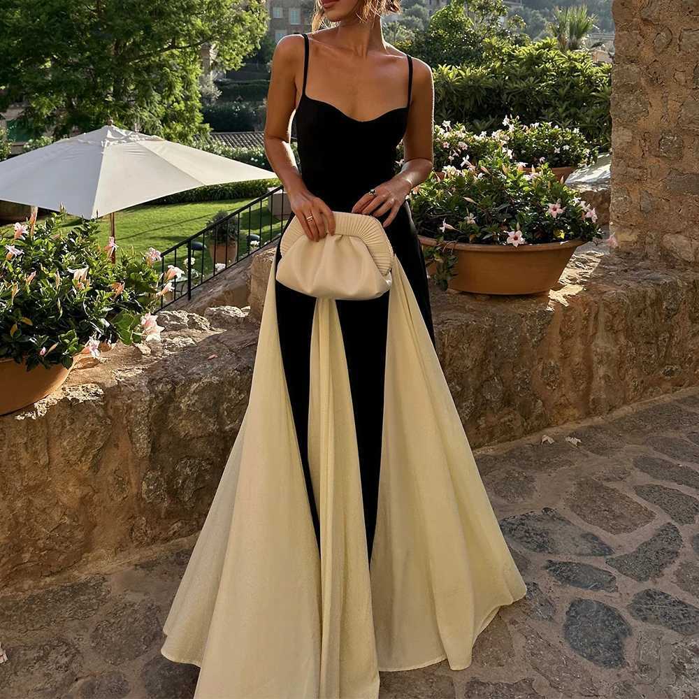 Talenza Elegant Contrast Color Backless Long Dress Womens Color Block Spaghetti Strap Dress V-Neck High Waist Evening DressXJ250514