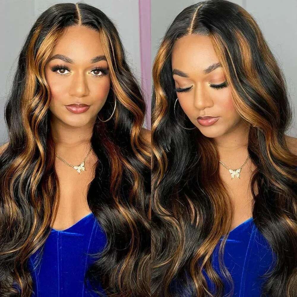 Brown Body Wave 13X4 13X6 Synthetic Front Wigs 30 Inch Green Highlight Colored Glueless Lace Wig For Black Women