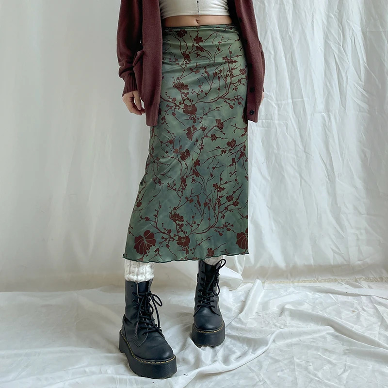 CIBBAR Harajuku Floral Print Long Skirt Vintage Low Rise Straight Midi Skirts for Women Spring Summer Allmatch Ladies Y2k 250514