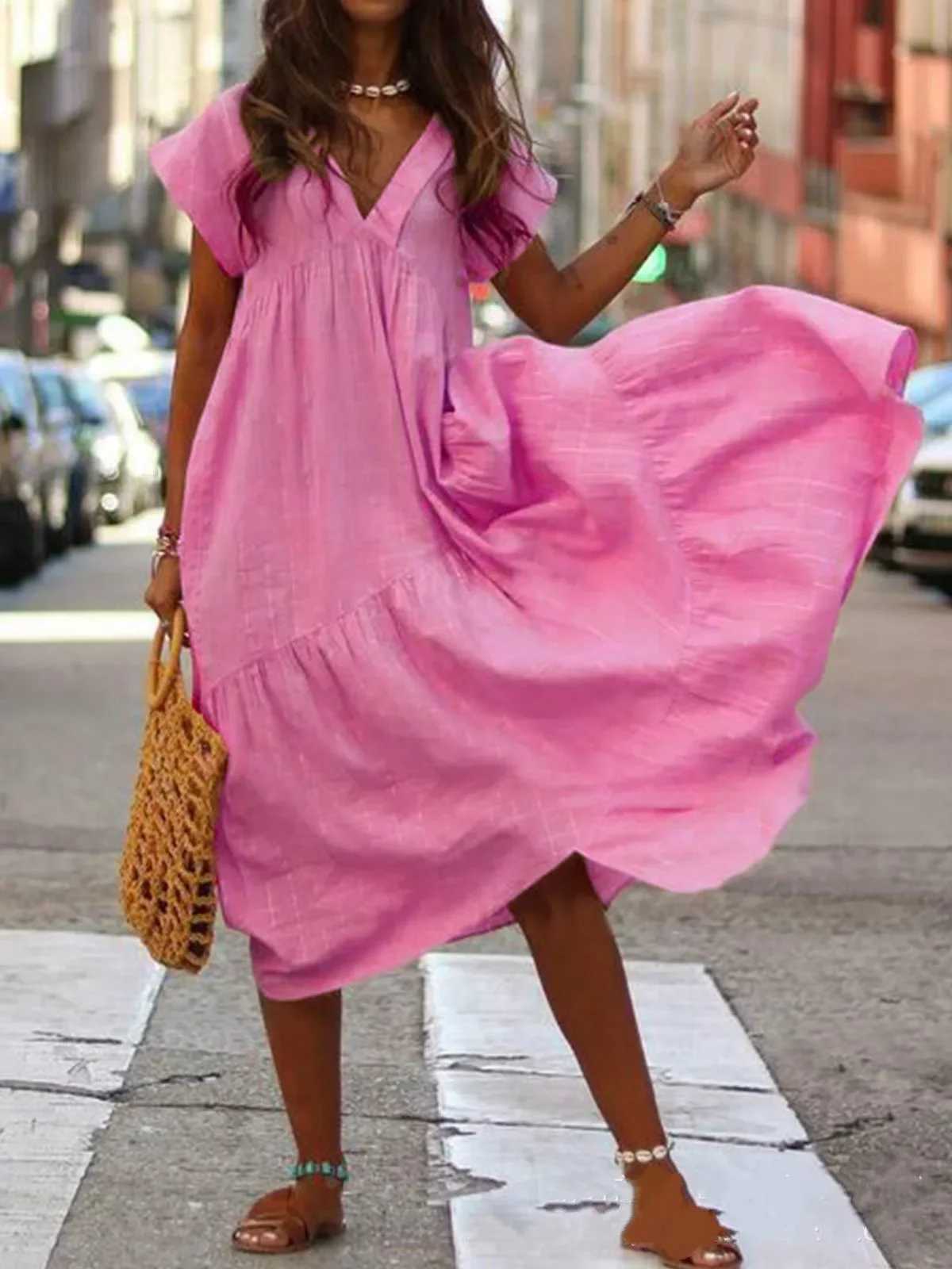 Irregular Womens Long Dress Loose Casual V-neck Pink Dresses Female Spring Fashion Loose Beach Clothes LadyXJ250514