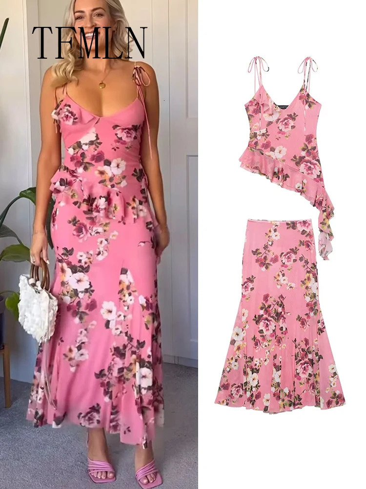 TFMLN Womens Skirt Sling Tank Set Summer Two Piece Sexy Printed Asymmetric Streetwear Fashion Long Female Clothing 250514