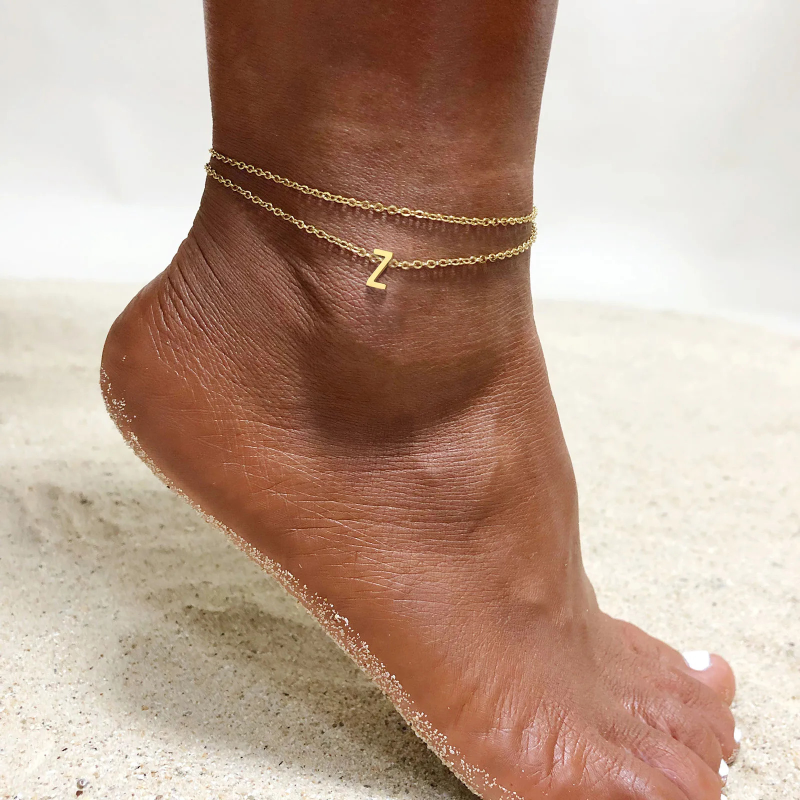 Layered Initial Bracelet Anklet for Women Stainless Steel Foot Chain A - Z Letter Ankles Bohemian Summer Beach Gift 250513