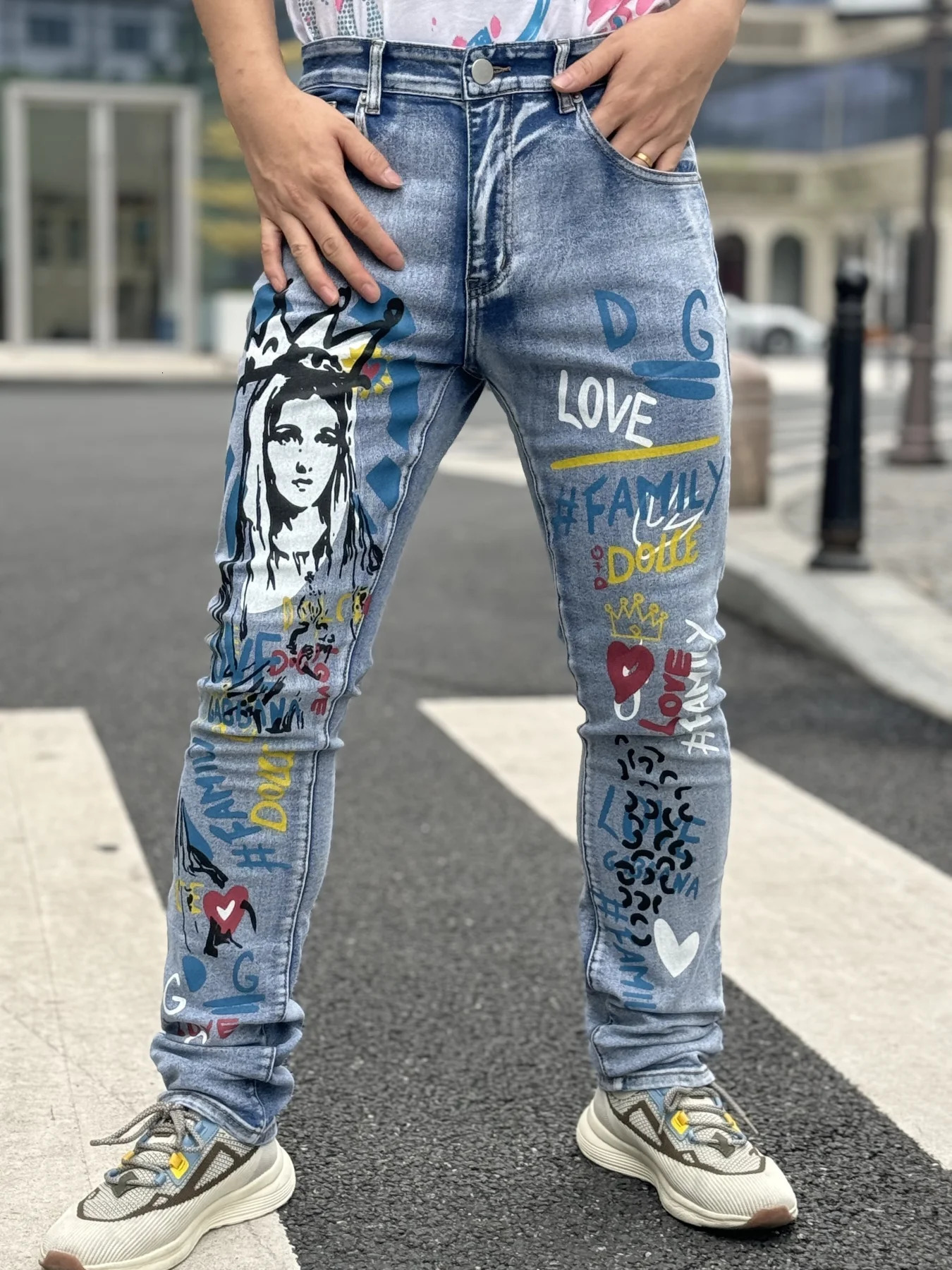 Fashionable Mens Jeans With Trendy Prints Highlighting Individuality Elastic And Breathable Fabric 250514