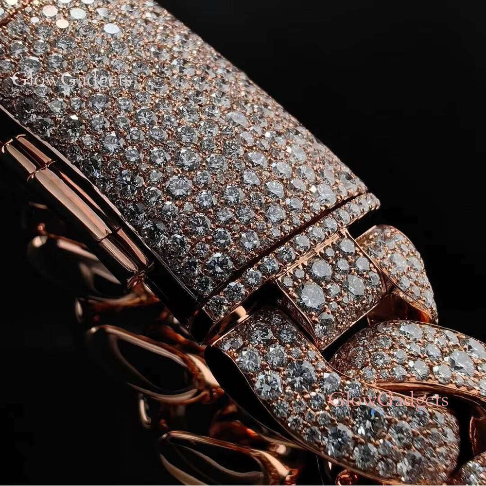 Iced Out 10K Solid Rose Gold Mosaic Setting Lab Grown Dia Cuban Link Chain Necklace 20MM Width