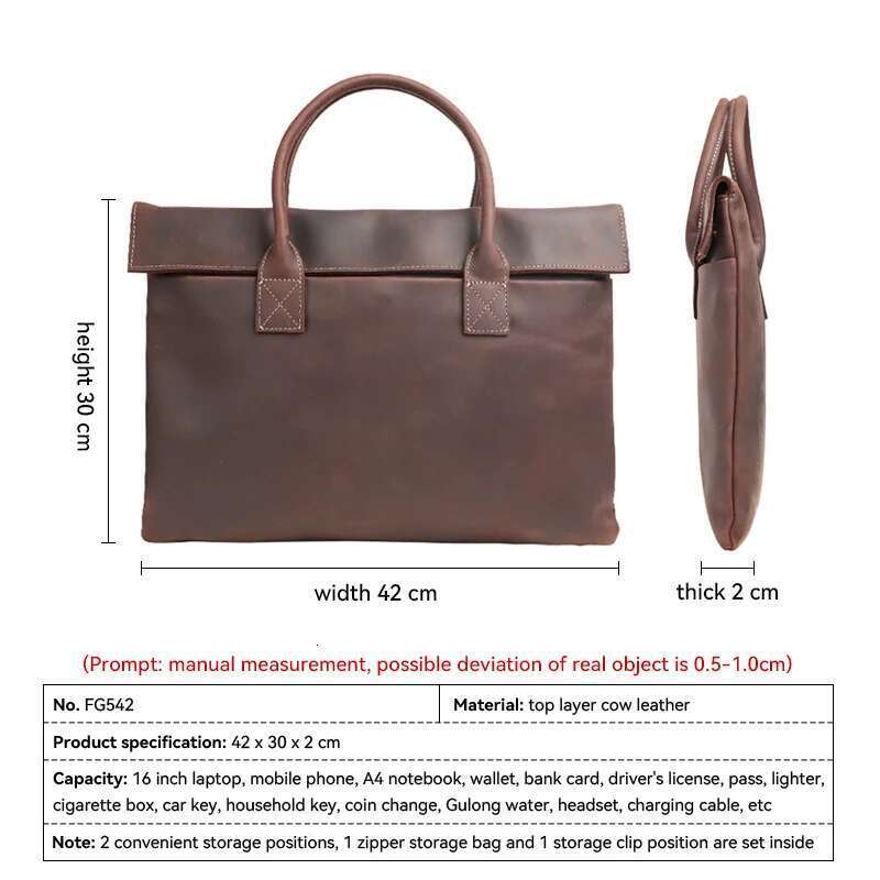 Retro Men's Briefcase Genuine Leather Handbag Top Layer Cowhide Business Tablet Bag Slim Clutch For 16-Inch Laptop