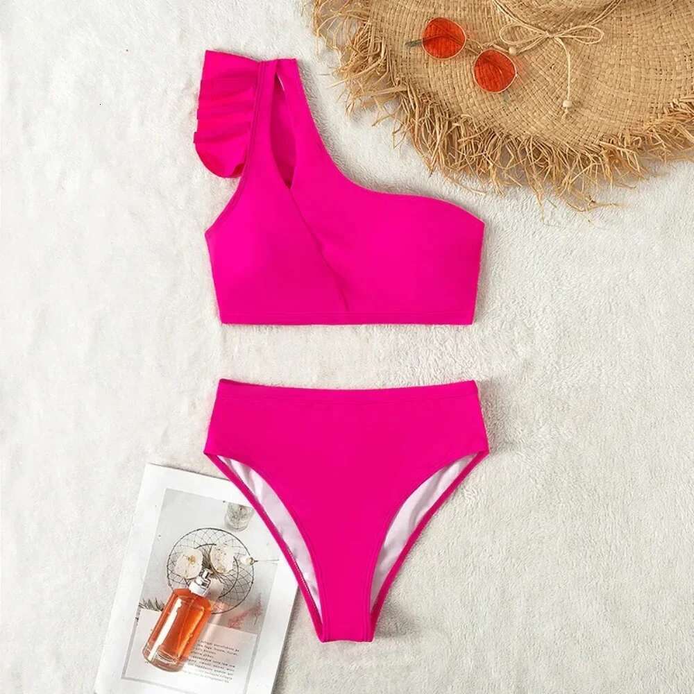 One Shoulder Bikinis Women Ruffle Swimsuit Solid High Waist Swimwear Female Padded Bathers Bathing Swimming Suit Beachwear