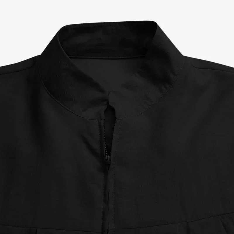 Muslim black dress with small stand-up collar and zipper pocket design elegant loose and casual long-slved skirt X250514