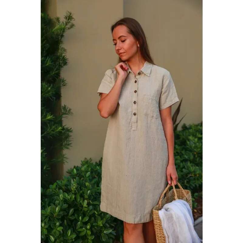 Summer You Are A Women's Oversized Loose Cotton with Button Up Collar Shirt Pocket Solid Color Casual Dress plus size