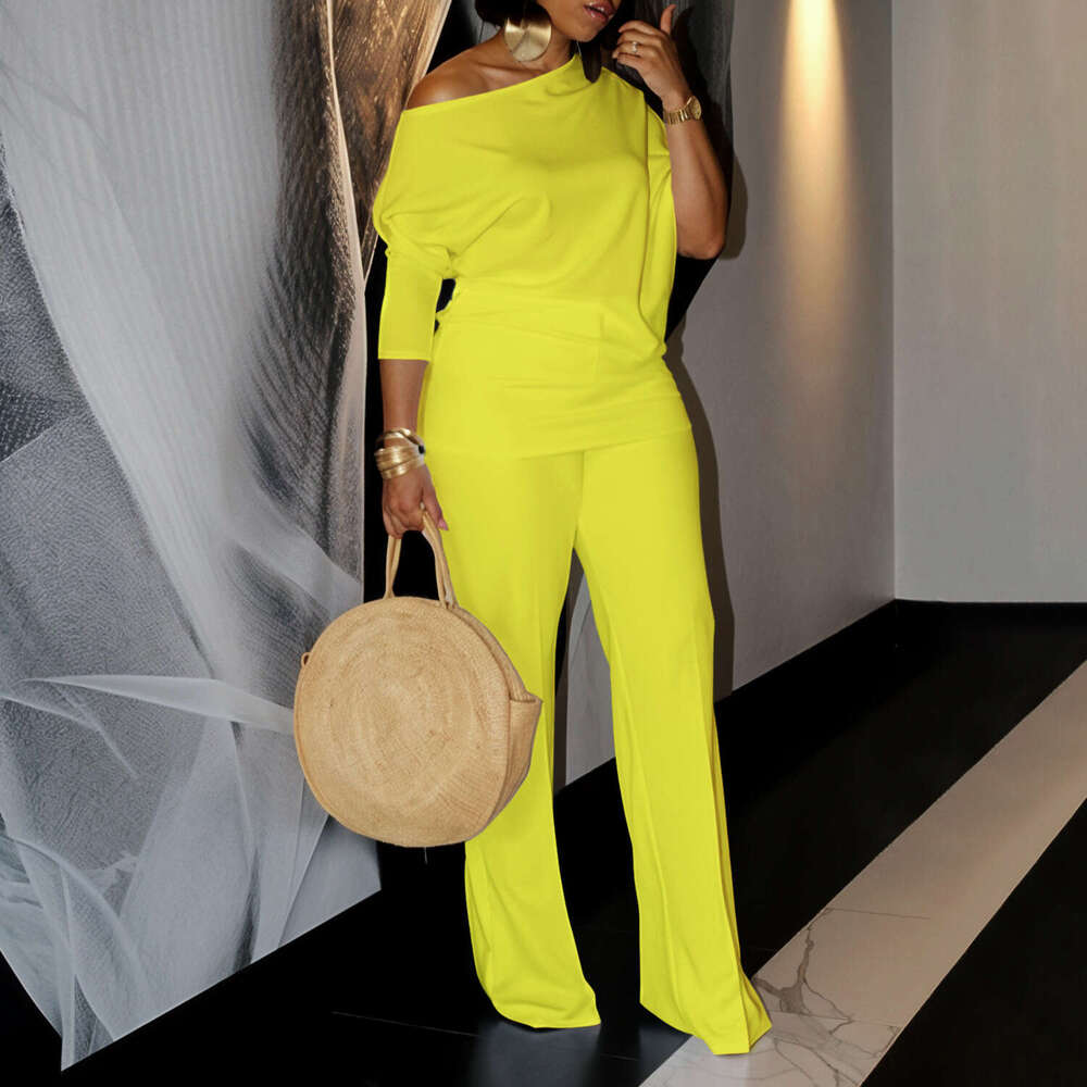 Women's Wear Women's Wear Women's Autumn Fashion Style Solid Color Slant Collar Top Wide Leg Pants Set