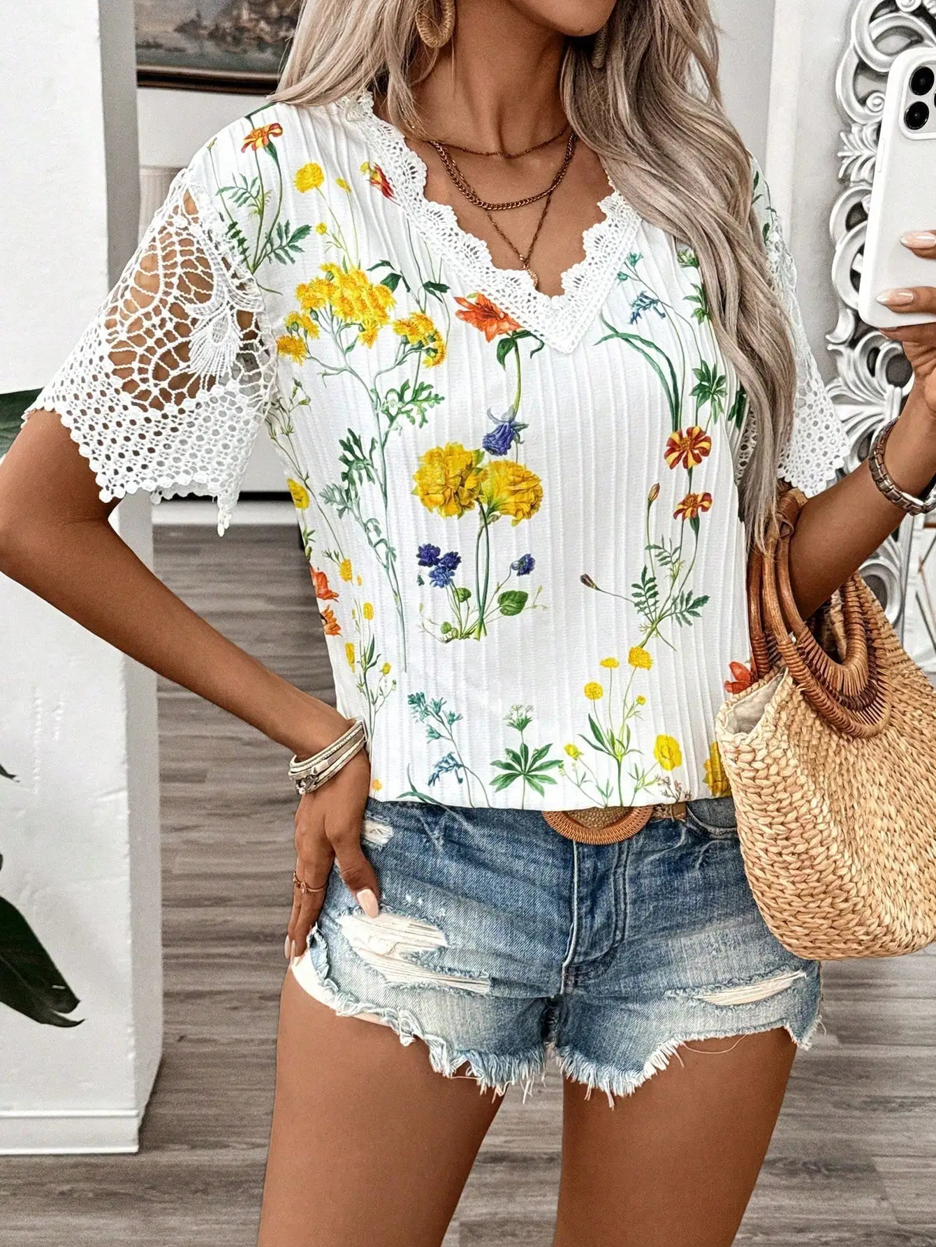 Elegant casual womens shirt Vneck short sleeve splicing lace wave stripe printed for women 250514