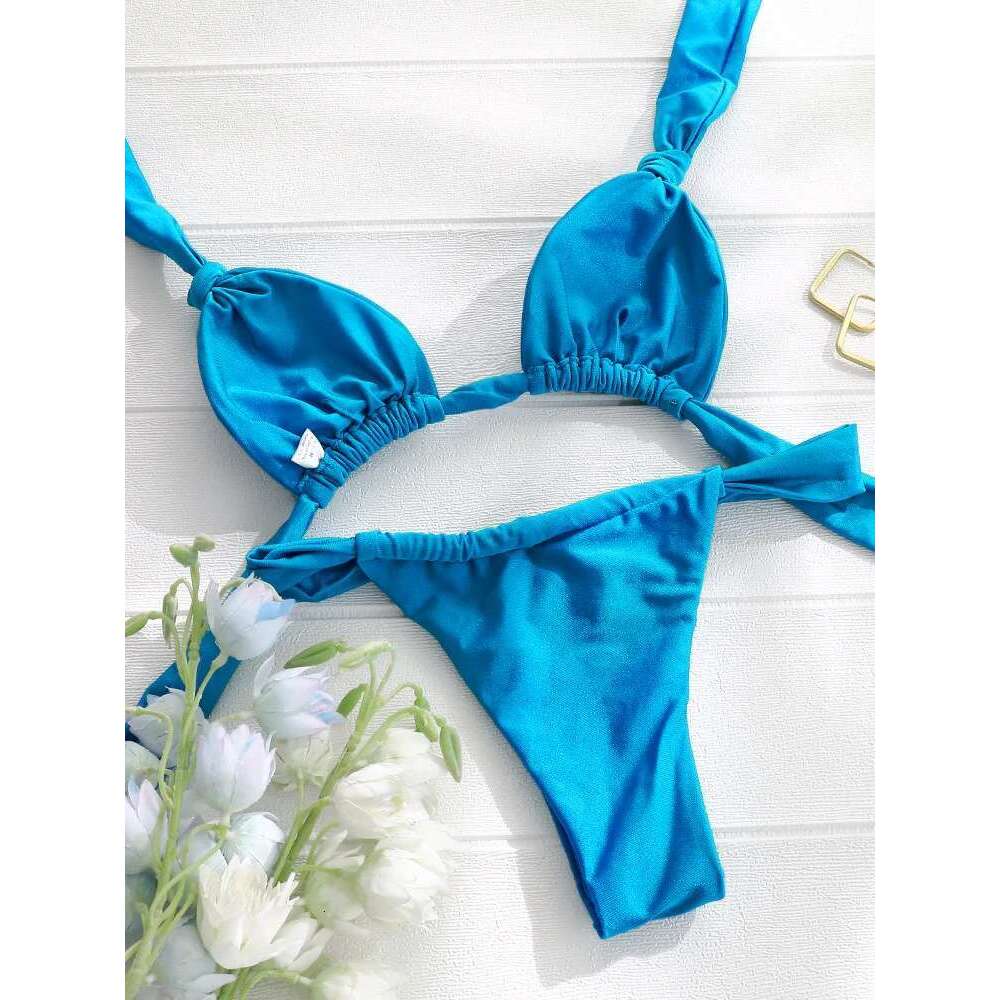 Tiedown Bikini for Women Triangle Swimwear Bathing Suit Brazilian 2-Piece Folds Bikinis Set solid Push Up Swimsuit New