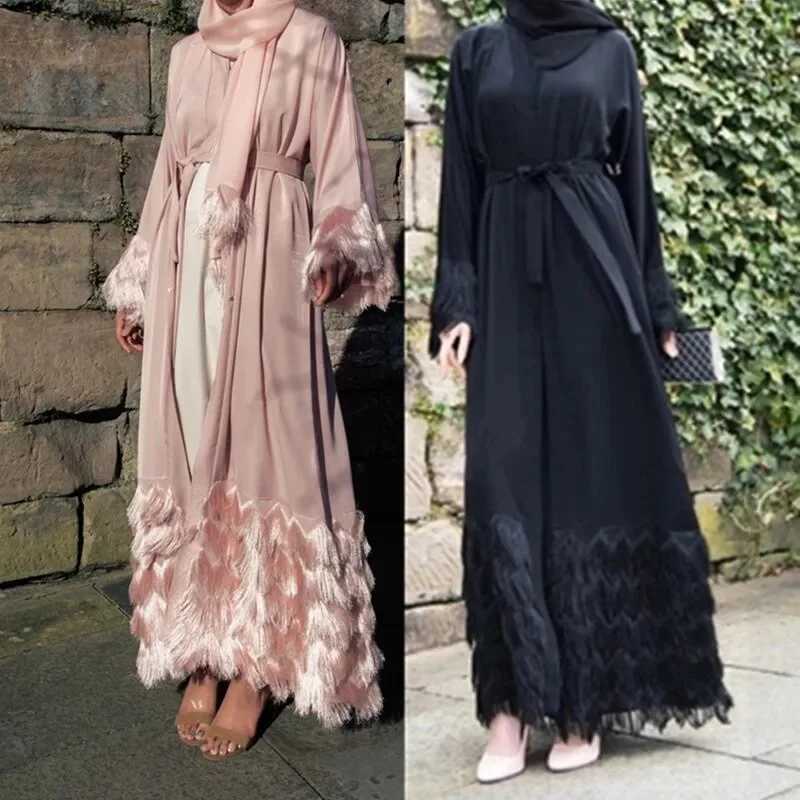 Elegant Thick Fluffy Lace Tassel Abaya Muslim Dress Full length Dubai Female Flare slve Islamic Dress wy1333 dropshiping X250514