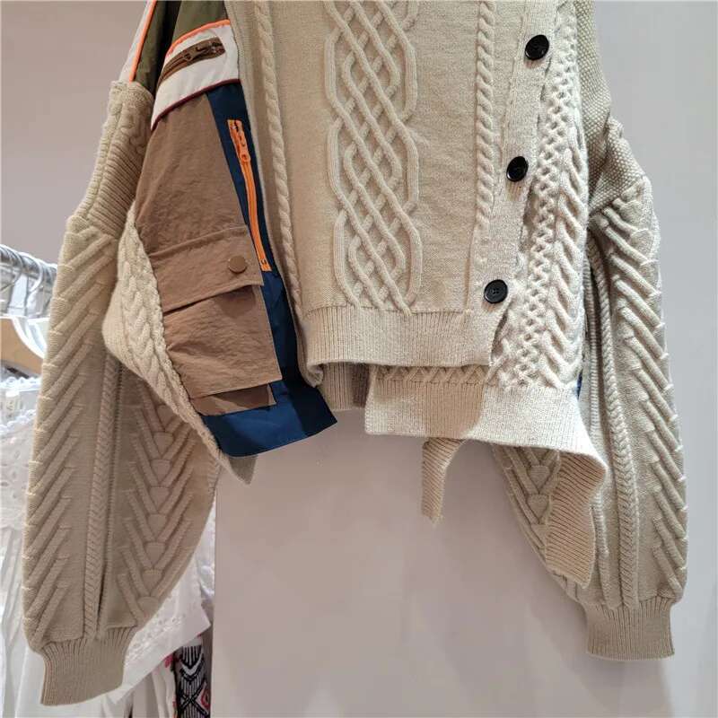 Getspring Women Sweater Irregular Color Matching Single Breasted Cardigans Fashion Loose All Match Short Knitted Tops