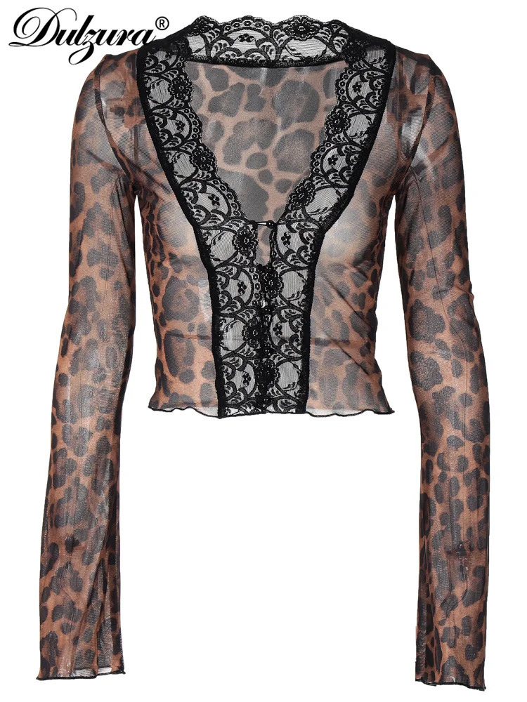 Dulzura Lace Patchwork Leopard Long Sleeve TShirt Sexy WomenS Autumn Winter Clubwear Birthday Evening Party Y2K Clothes 250514