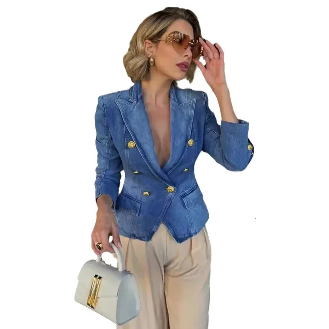 Autumn Winter Womens Clothes Denim Jacket Suit Double Breasted Blazer Long Sleeve Fashion Jackets 250513