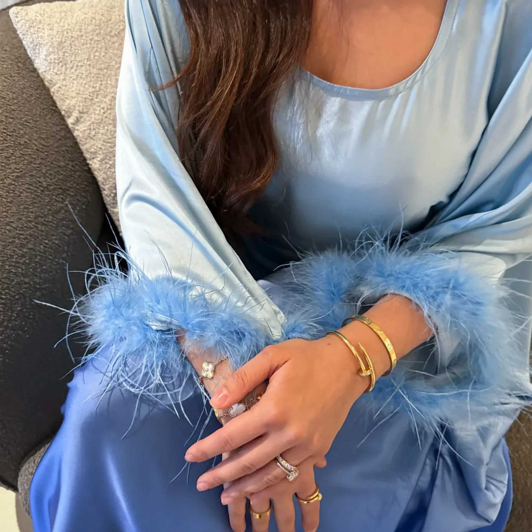 Ramadan Feather Abayas for Women Satin Modest Muslim Dress Eid Djellaba Islam Jalabiya Ka Caftan Marocain Femme Dubai Abaya X250514