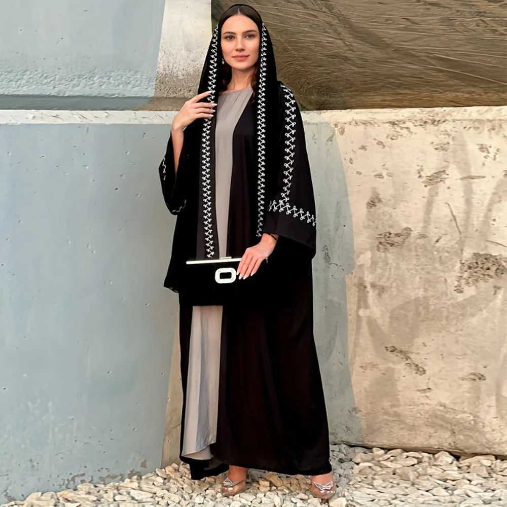 2025 New Fashion buckle embroidered Abaya headscarf dress kimono jacket womens long slved loose Arab Muslim Dubai Moroccan X250514