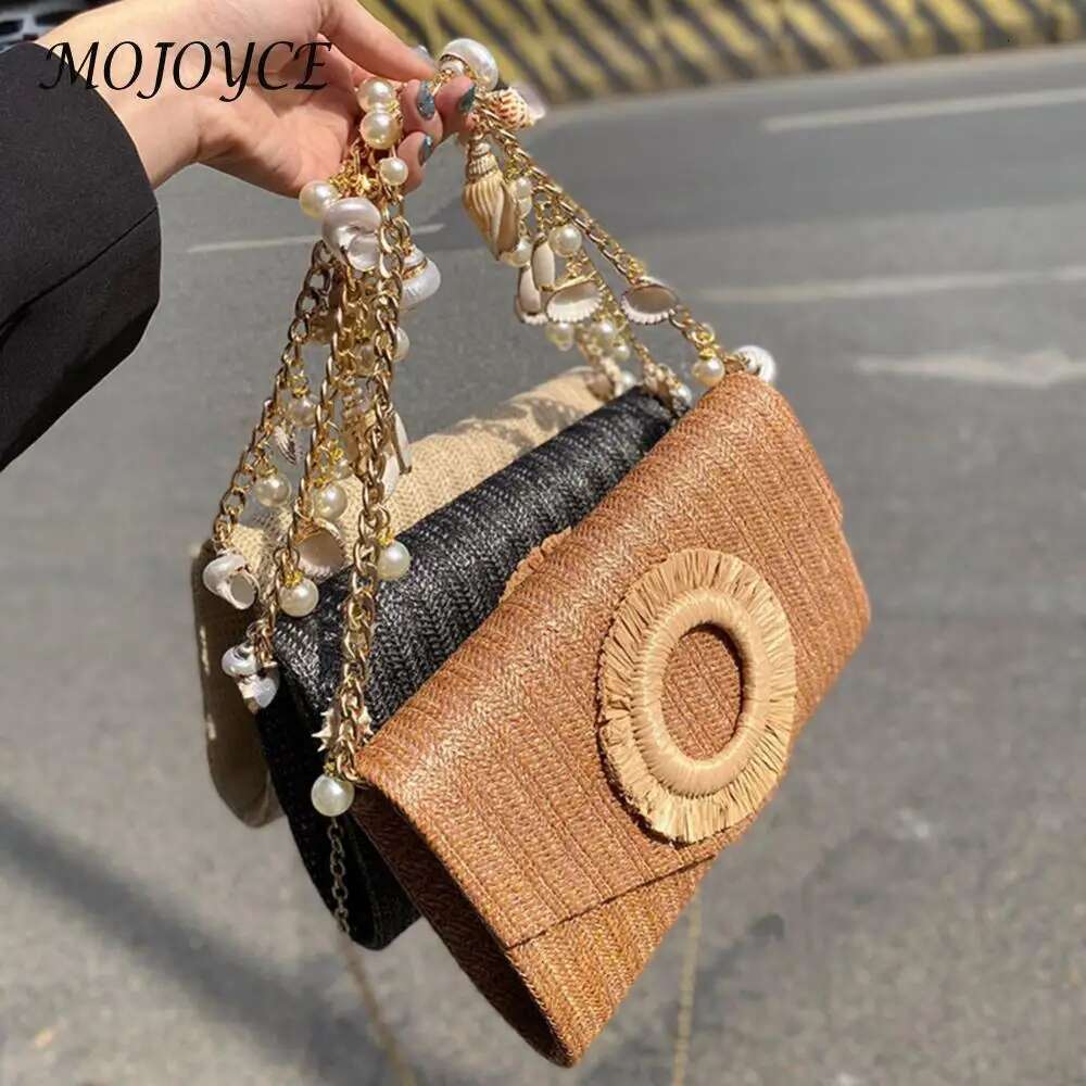 Women All-Match Shell Clutch Large Capacity Stylish Knit Evening Seaside Straw Beach Travel Shopping Commute Bag