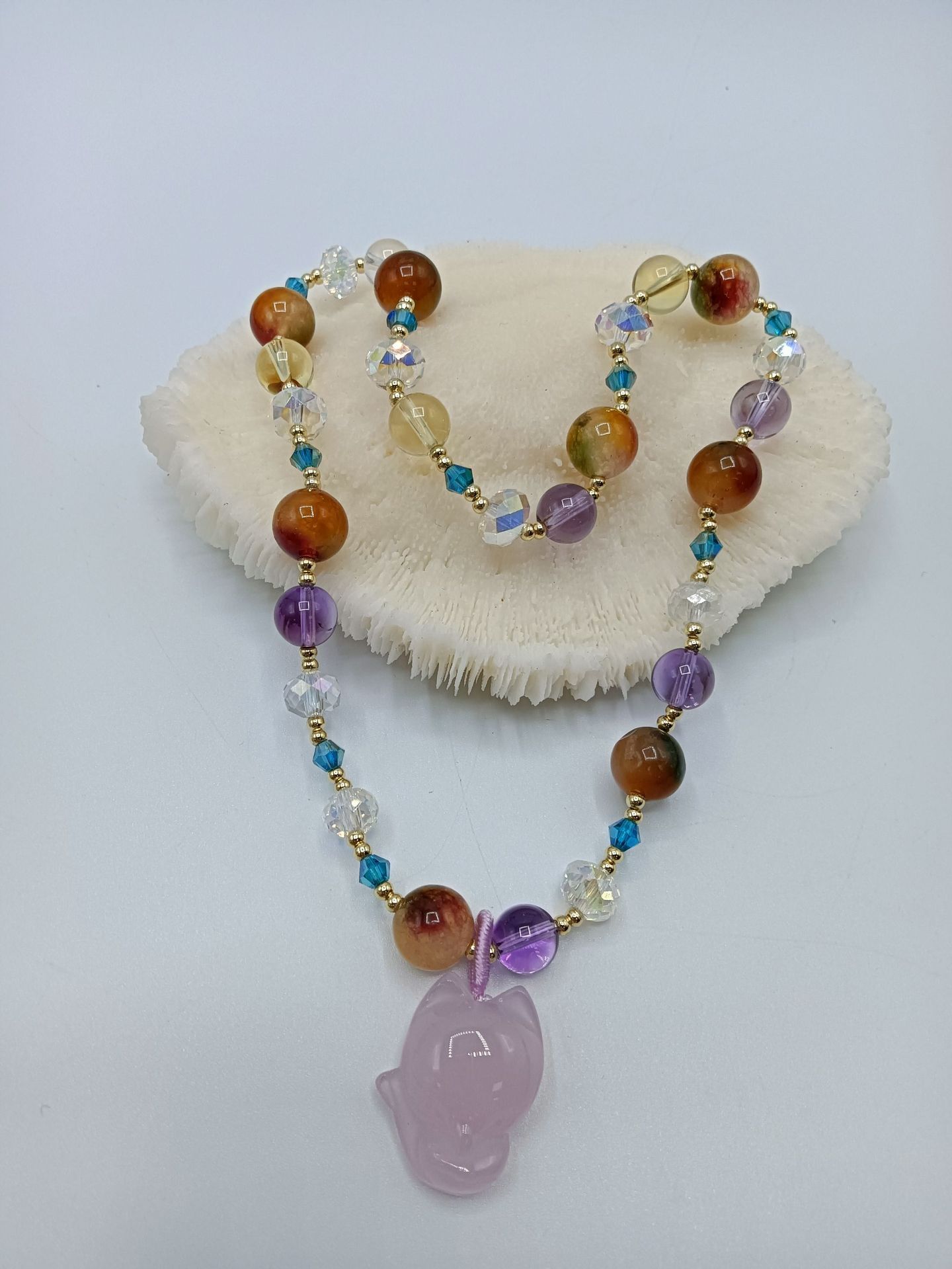 Purple Stone Fox Pendant with Double Loop Pearl and Bead Bracelet