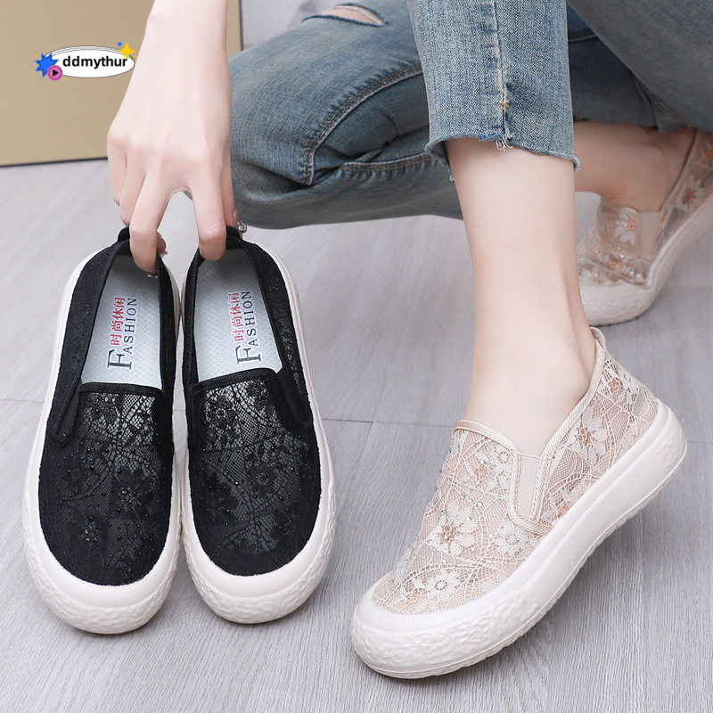 Thick soled fisherman spring and summer new breathable lace mesh singles lazy one foot casual women's shoes, trendy ddmythur