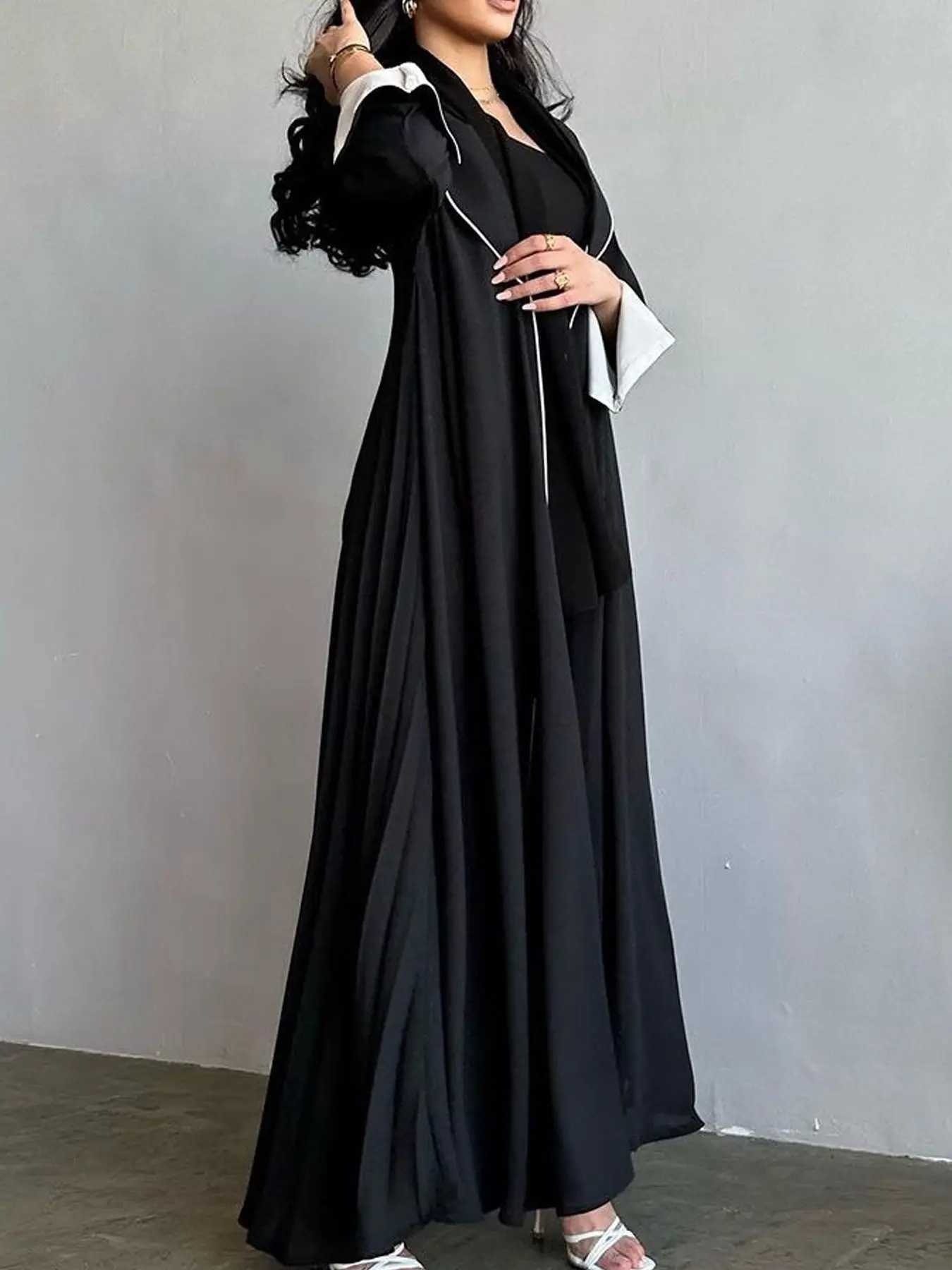 New Contrast Trim Open Front Cardigan Abaya Shawl Collar Robes Women Muslim Moroccan Kaftan Ramadan Jalabiya Islam Dubai Arabic X250514