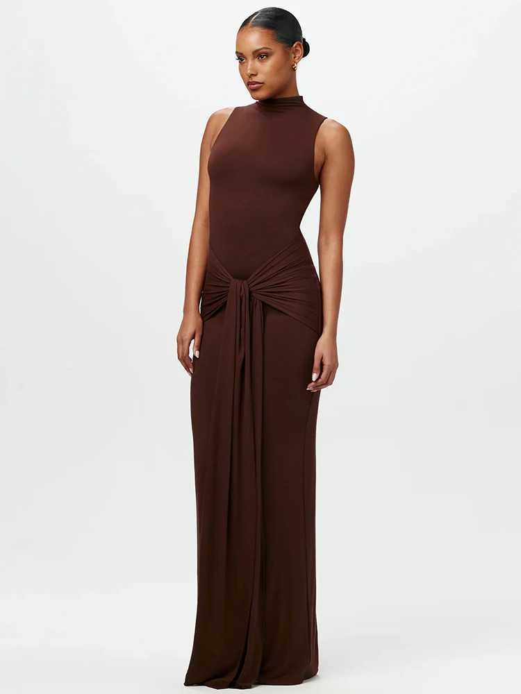 Mozision Half High Collar Irregular Tank Dress For Women 2024 New Fashion Sleeveless Bodycon Ruched Sexy Long Dress ElegantXJ250514