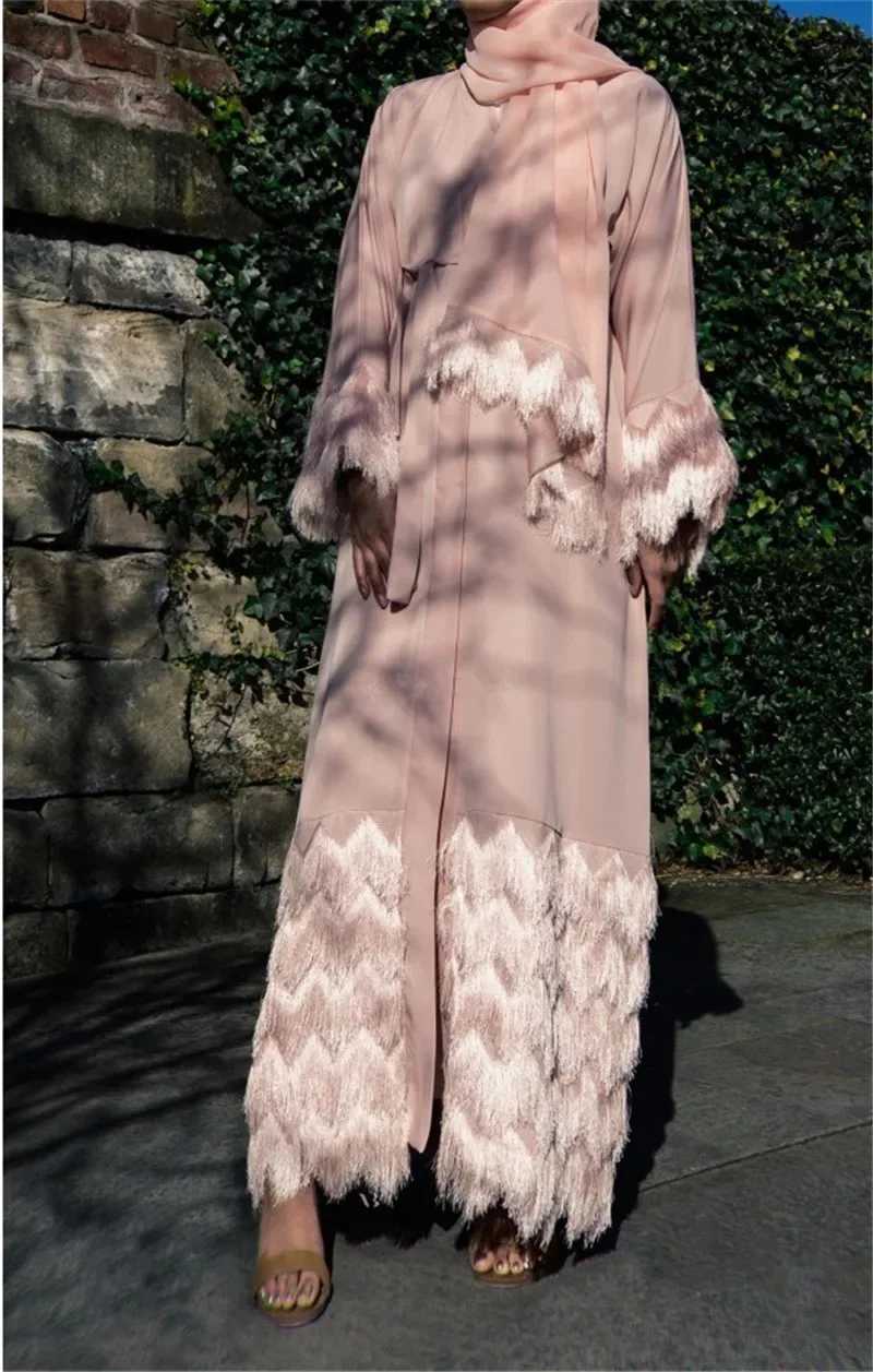 Elegant Thick Fluffy Lace Tassel Abaya Muslim Dress Full length Dubai Female Flare slve Islamic Dress wy1333 dropshiping X250514