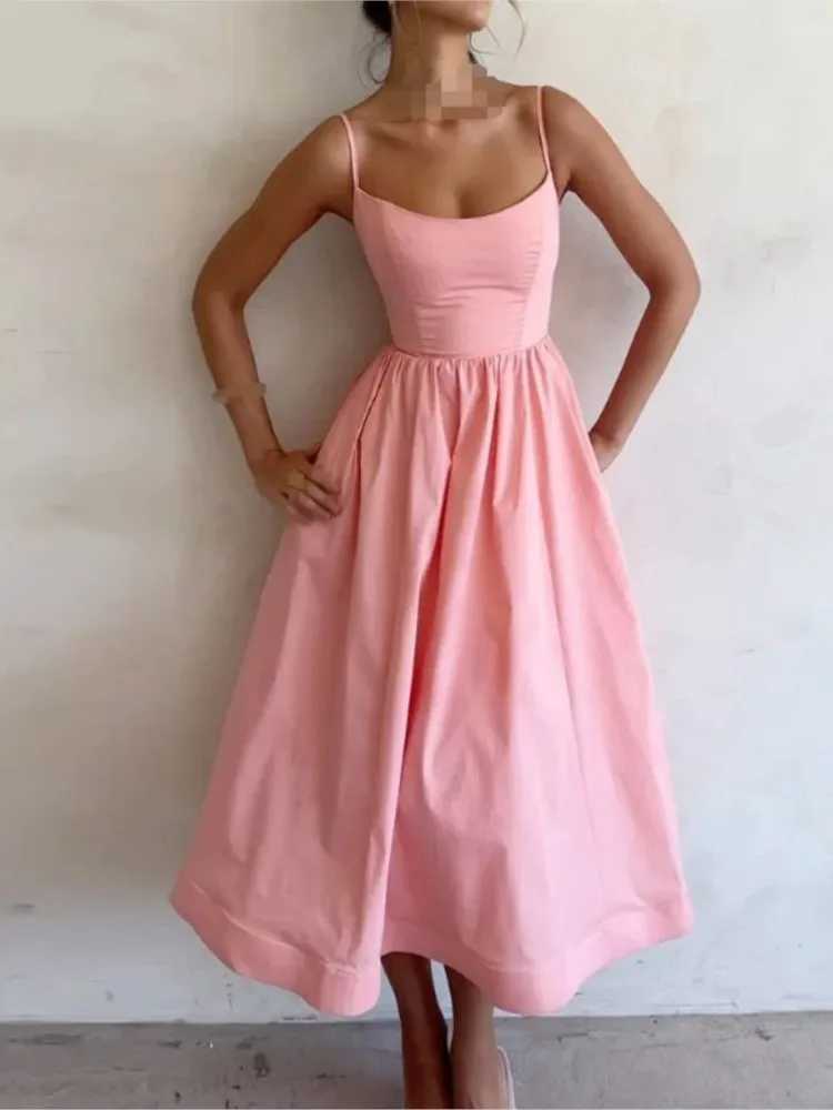 Summer U-neck Casual Female Vintage Elegant Spaghetti Strap Dress Womens Elegant Solid Sleeveless A-line Midi Womens DressesXJ250514