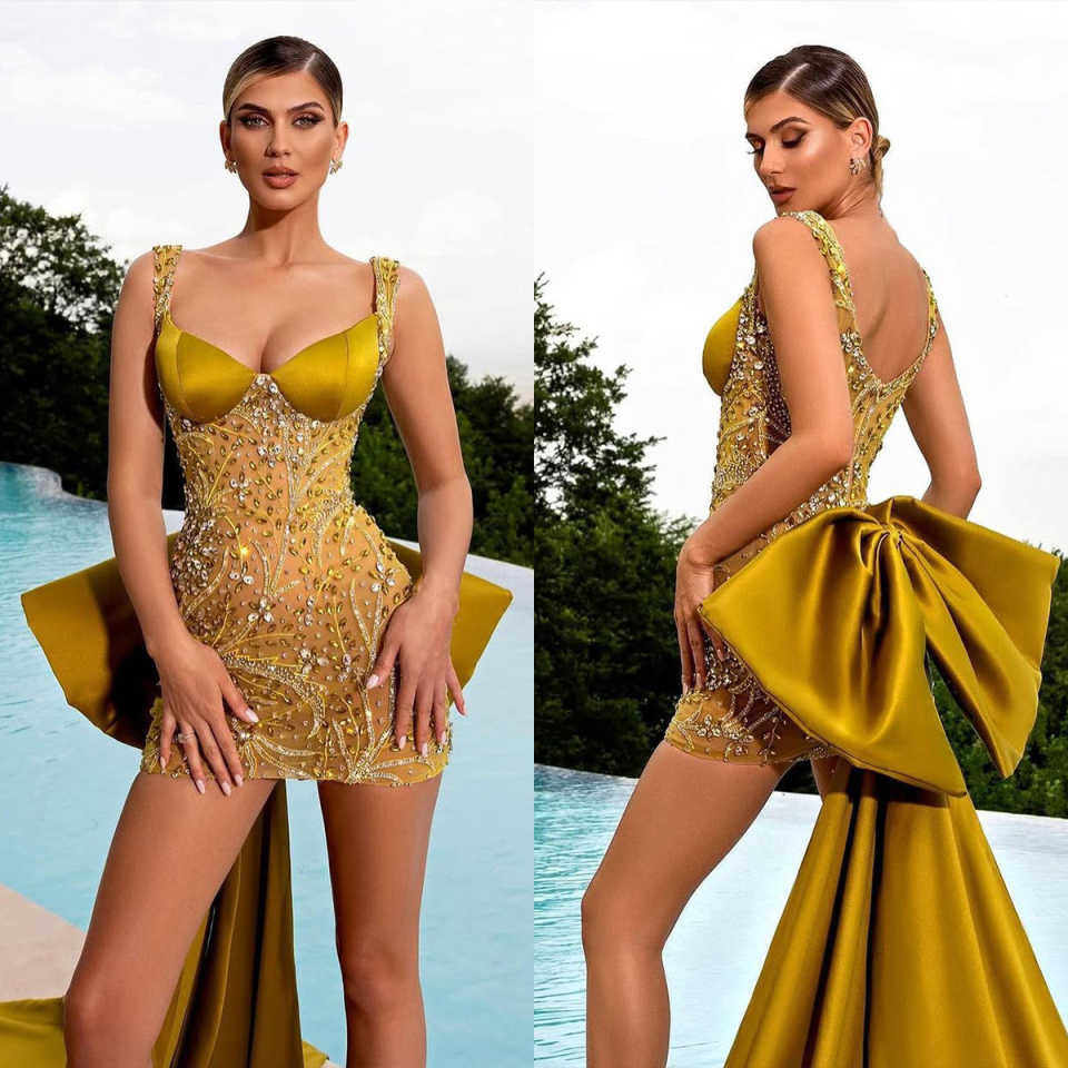 Designer Mini Evening Dresses For Women Spaghetti Straps Sleeveless Gown Sequins Crystal Bow Dress Party Customized Dress