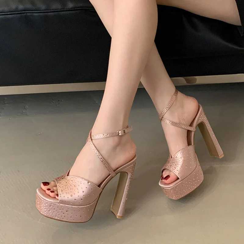 Similar Fashion Rhinestone High Heels Women Sexy Sandals Crystal Silk Ankle Strap Female Square Toe Chunky Platform Shoes Black W250514