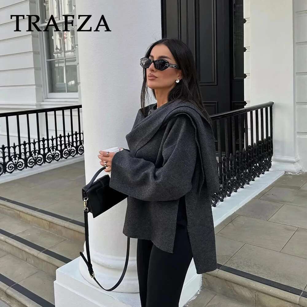 TRAFZA Autumn Winter Casual Knitted Fashion Solid Streetwear Loose Scarf Collar Demi-season Jacket For Women