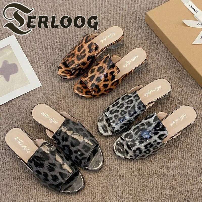 Leopard Women High Heels Sandals Chunky Slippers Sexy Shoes 2025 Summer Brand Open Toe Dress Shoees New Pumps Sandalias