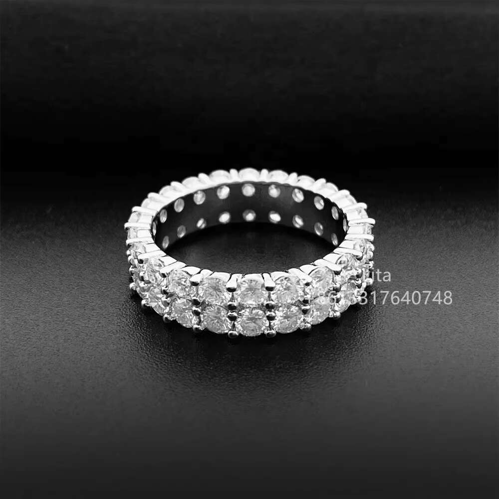 14k Gold Plated Brilliant Sparkle Moissanite Round Shape 3mm Two Rows Tennis Silver GRA Certified Moissanite Ring Men