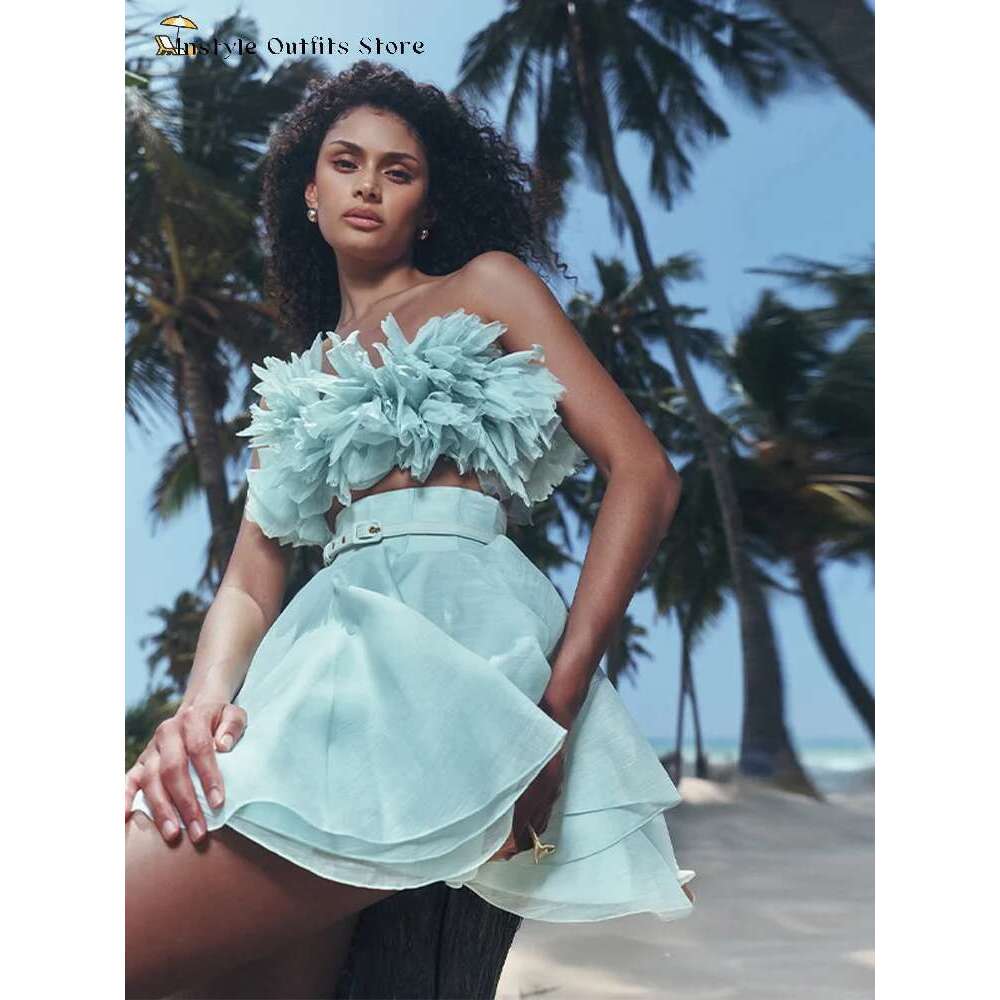 3D Flower Mini Skirt Set Women Crop Top Sleeveless Backless A-Line Ruffles Skirts Sets Spring Summer Casual Suit Lady Holiday