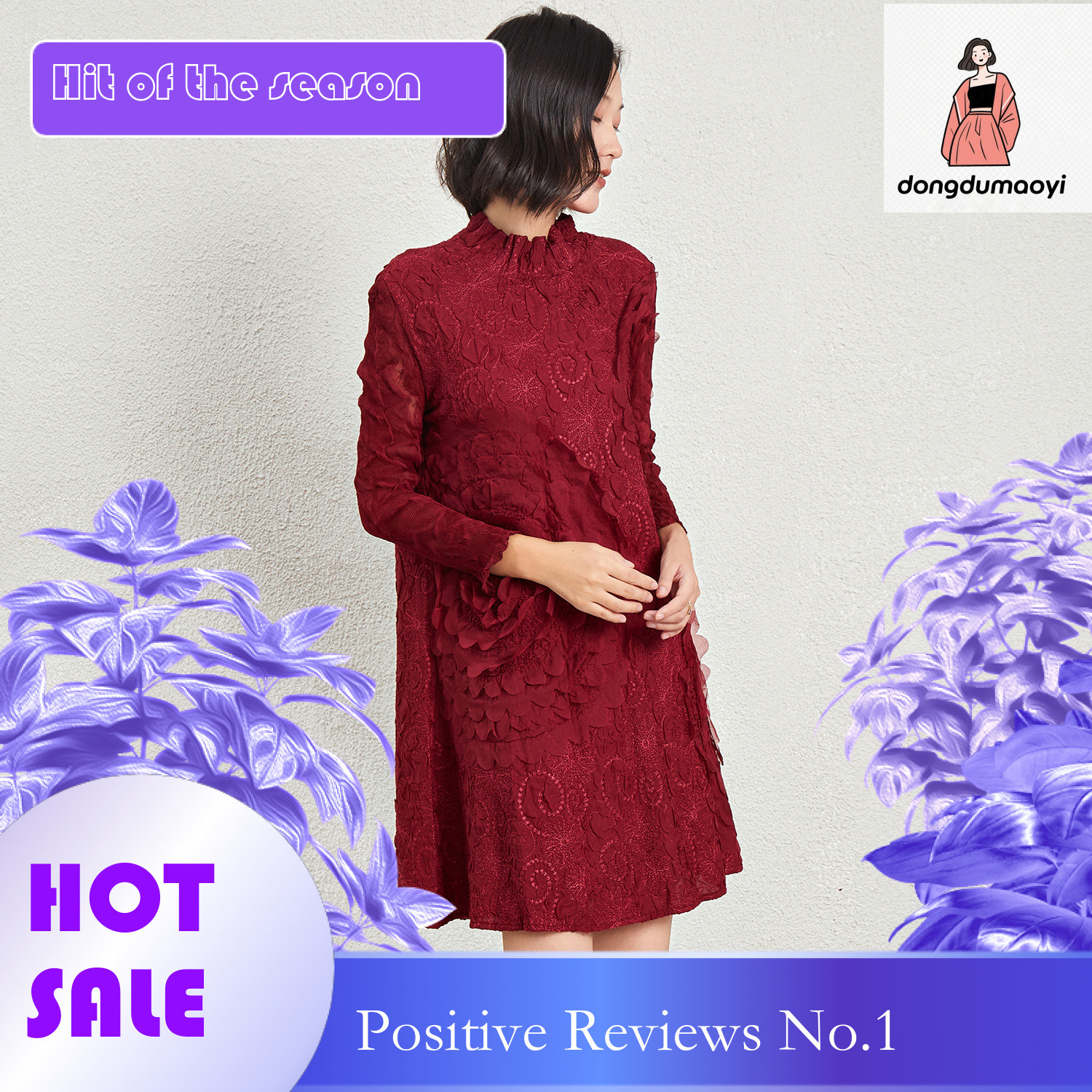dongdumaoyi Miyake dress early autumn new loose socialite style long sleeved semi high neck mid skirt pullover embroidered large swing