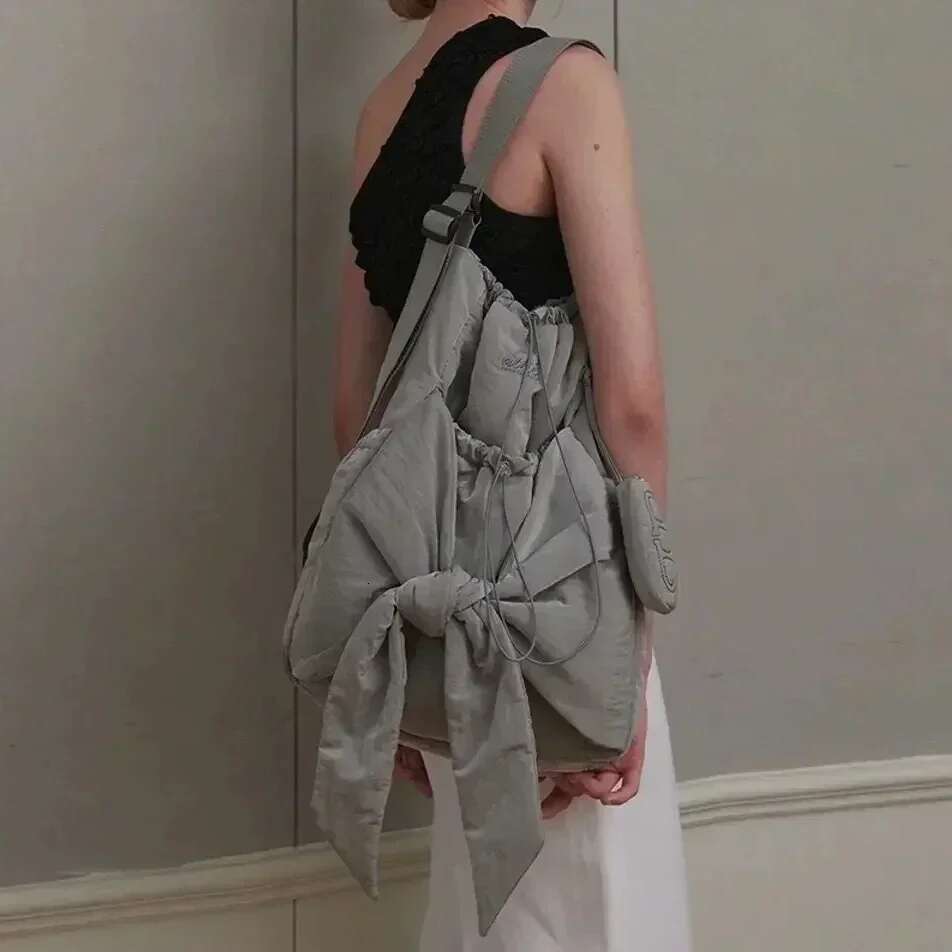 Women Nylon High-Capacity Fashion Casual Backpack Bow Drawstring Shoulder Bag Totebag All-Match