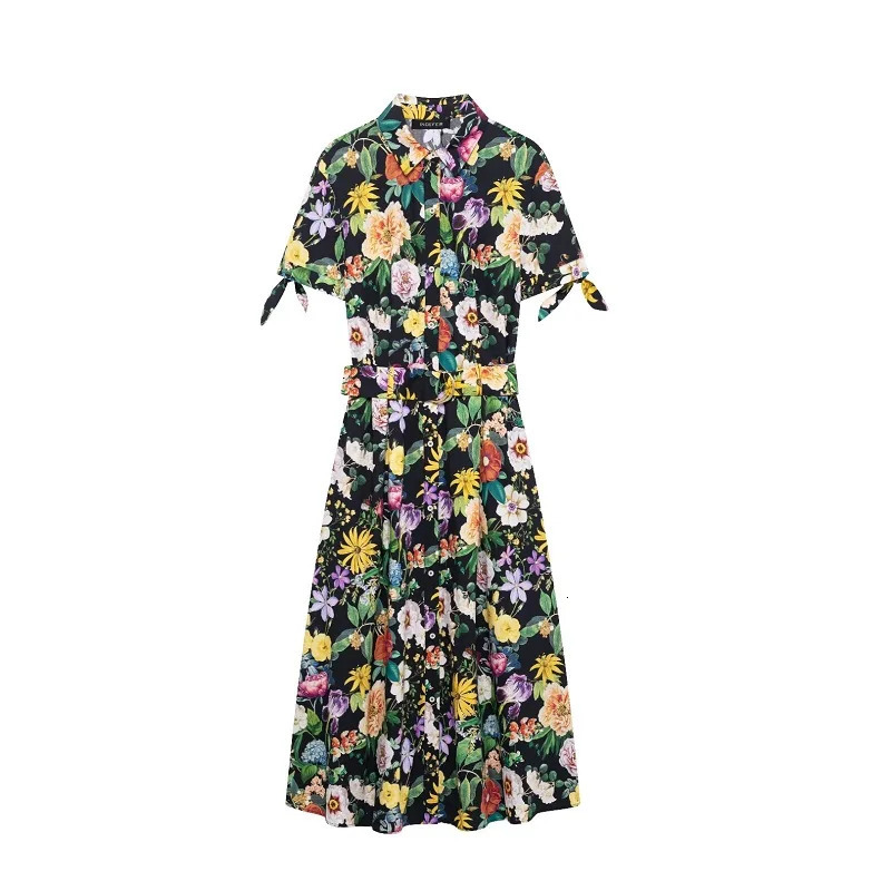 TRAF Floral Long Dresses for Women Belt Draped Midi Dress Woman Vintage Shirt Short Sleeve Womens Summer 250514