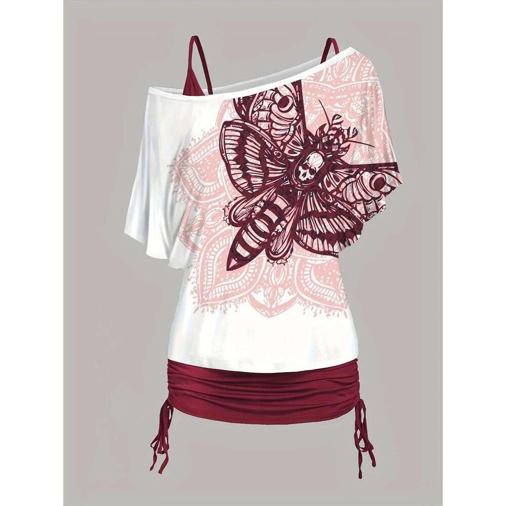 Plus Size Bury Butterfly Print Oversize For Women Off-Shoulder Jacket Solid Color Suspenders Pants Three-Piece Lady Suit
