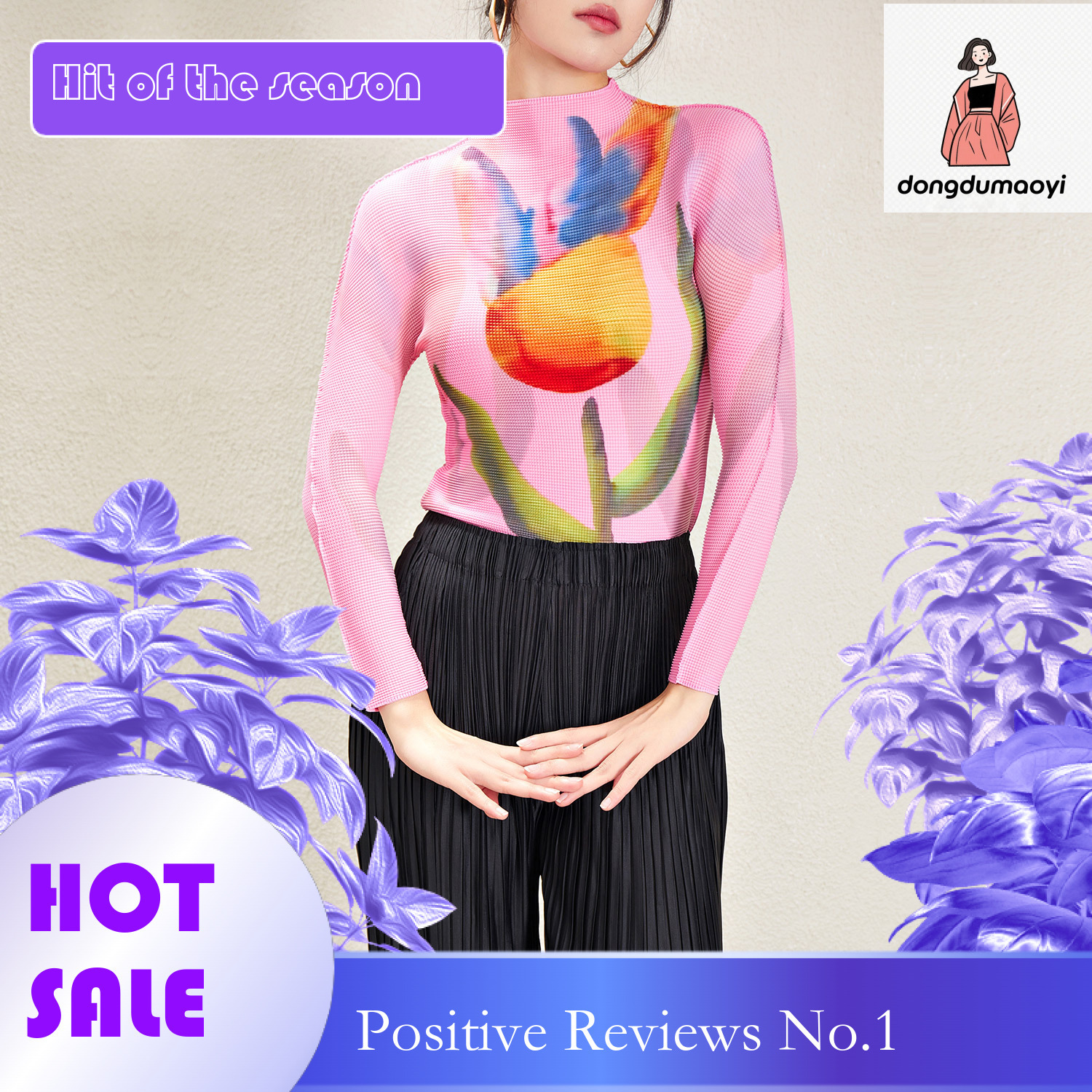 dongdumaoyi Miyake printed long sleeved T-shirt with 2024 spring new style slim fit and slimming design, pleated base shirt top