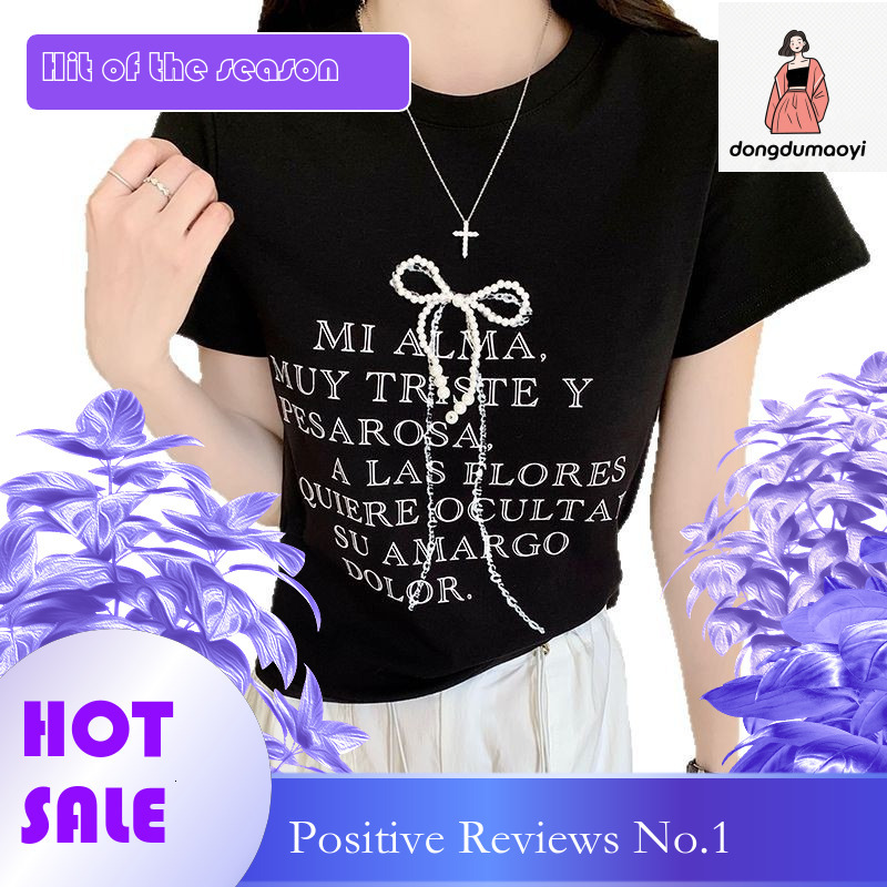 dongdumaoyi American style shoulder letter printed short sleeved T-shirt for women's summer new design, butterfly bow slim fit and slimming top