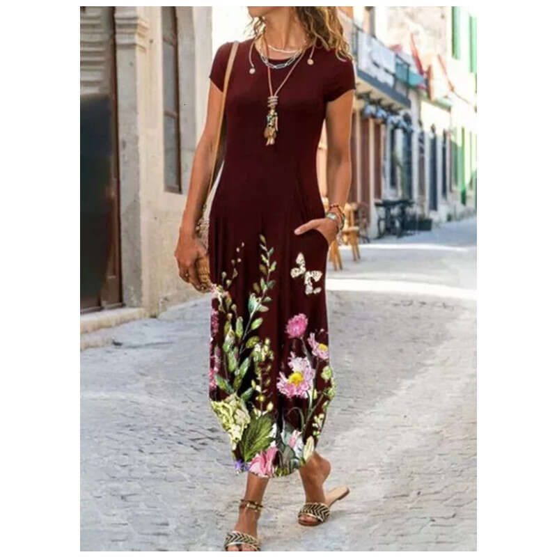 Women Clothes Dress New Women S Round Neck Pocket Short Sleeve Fashion Print Dress KQ