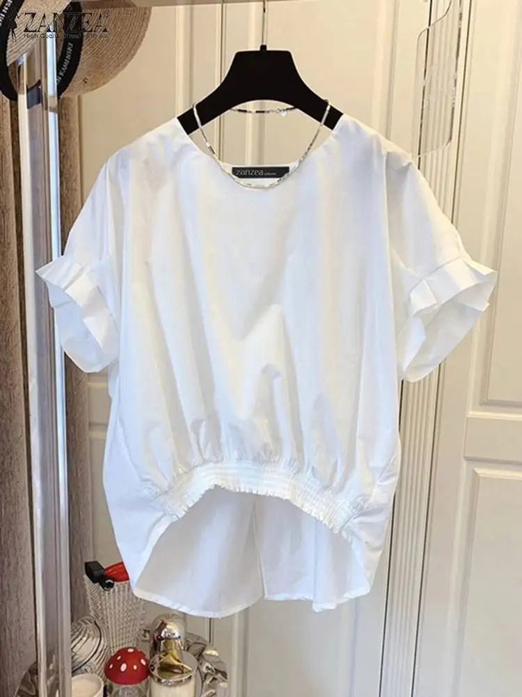 ZANZEA Women Fashion Shirring Hem Blouses Summer O Neck Short Sleeve Casual Blusas Mujer Stylish Slit Back Solid Shirt Tops 250514