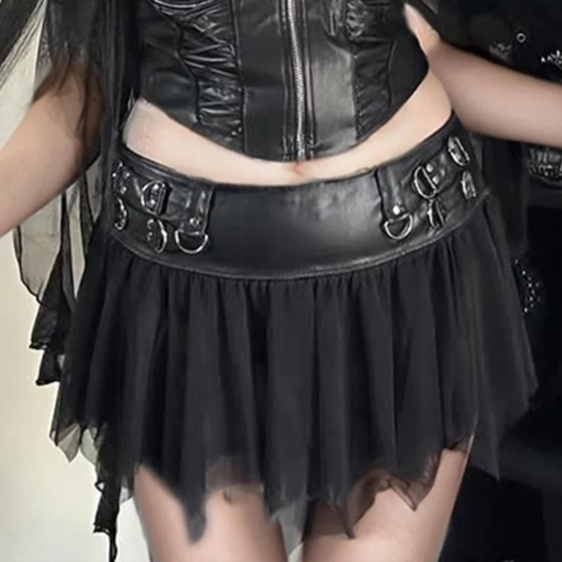 HEYounGIRL Gothic Faux Leather Patchwork Mesh Irregular Hem Skirt Women Punk Style Black Mini with Shorts Under Clubwear 250514