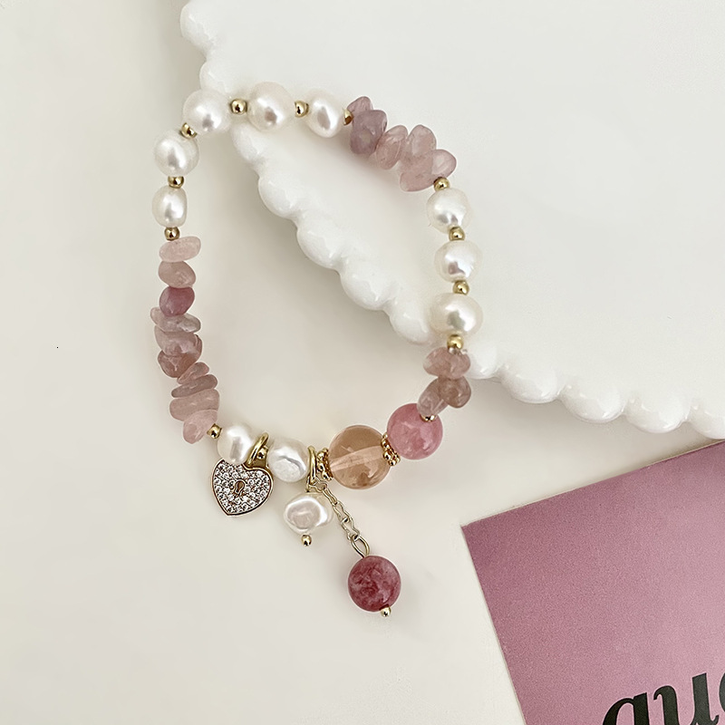 version personalized fashion Korean style strawberry crystal jewelry electroplated 14K pearl copper zirconium elastic bracelet