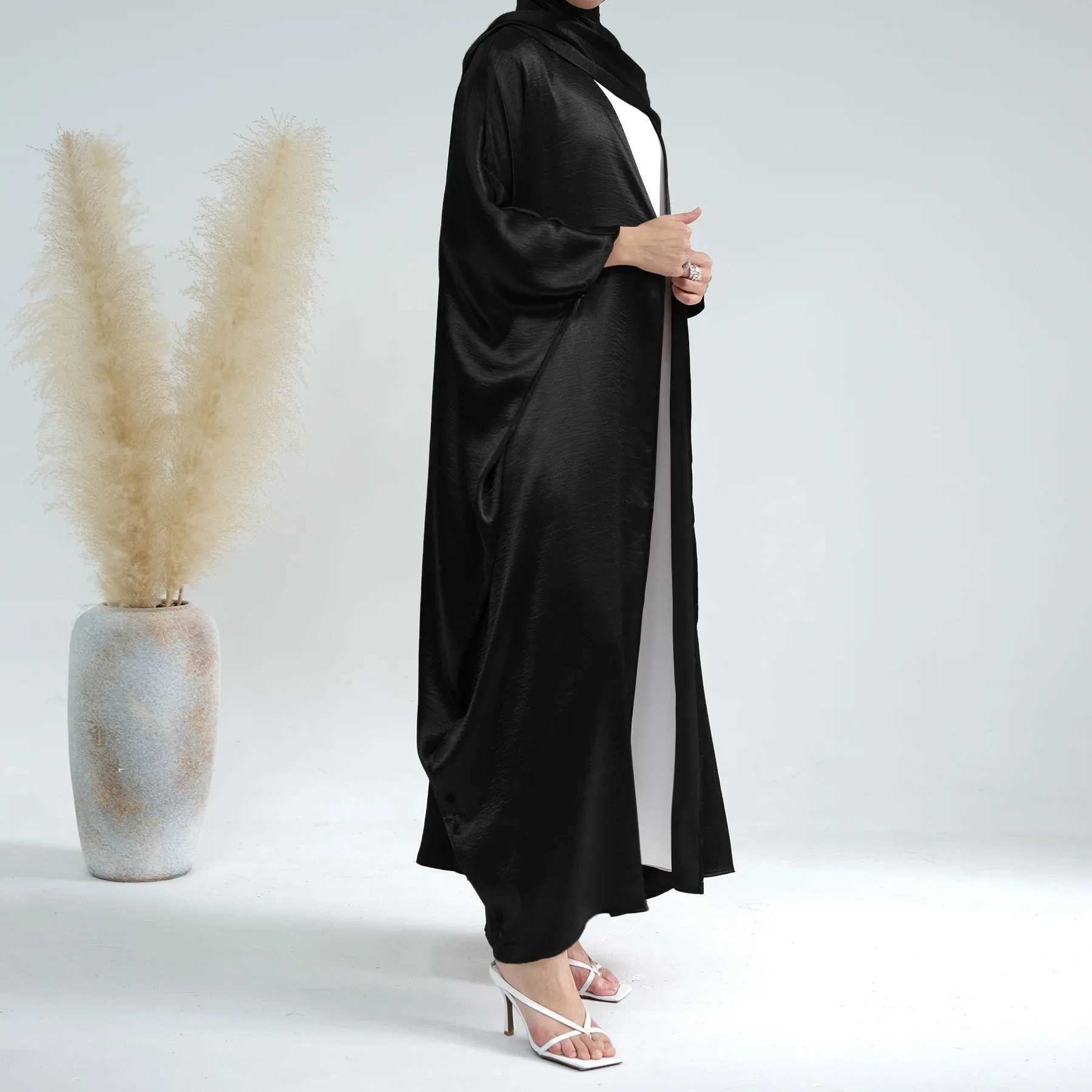 Morocco Eid Party Muslim Women Satin Open Abaya Cardigan Hijab Long Maxi Dress Turkey Kaftan Dubai Bat Slve Robe Arab Jalabiya X250514