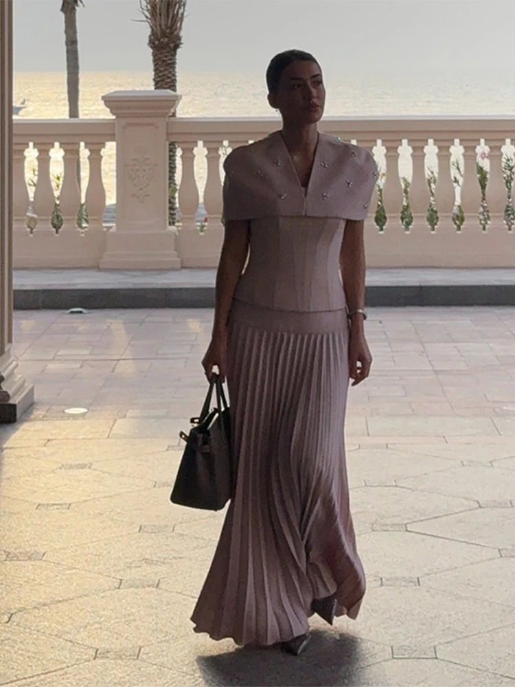 Elegant Shawl Slim Top Pleated Skirt Set Lady Retro Purple Sleeveless Tube High Waist Long Skirts Sets Women Summer Chic Evening 250514
